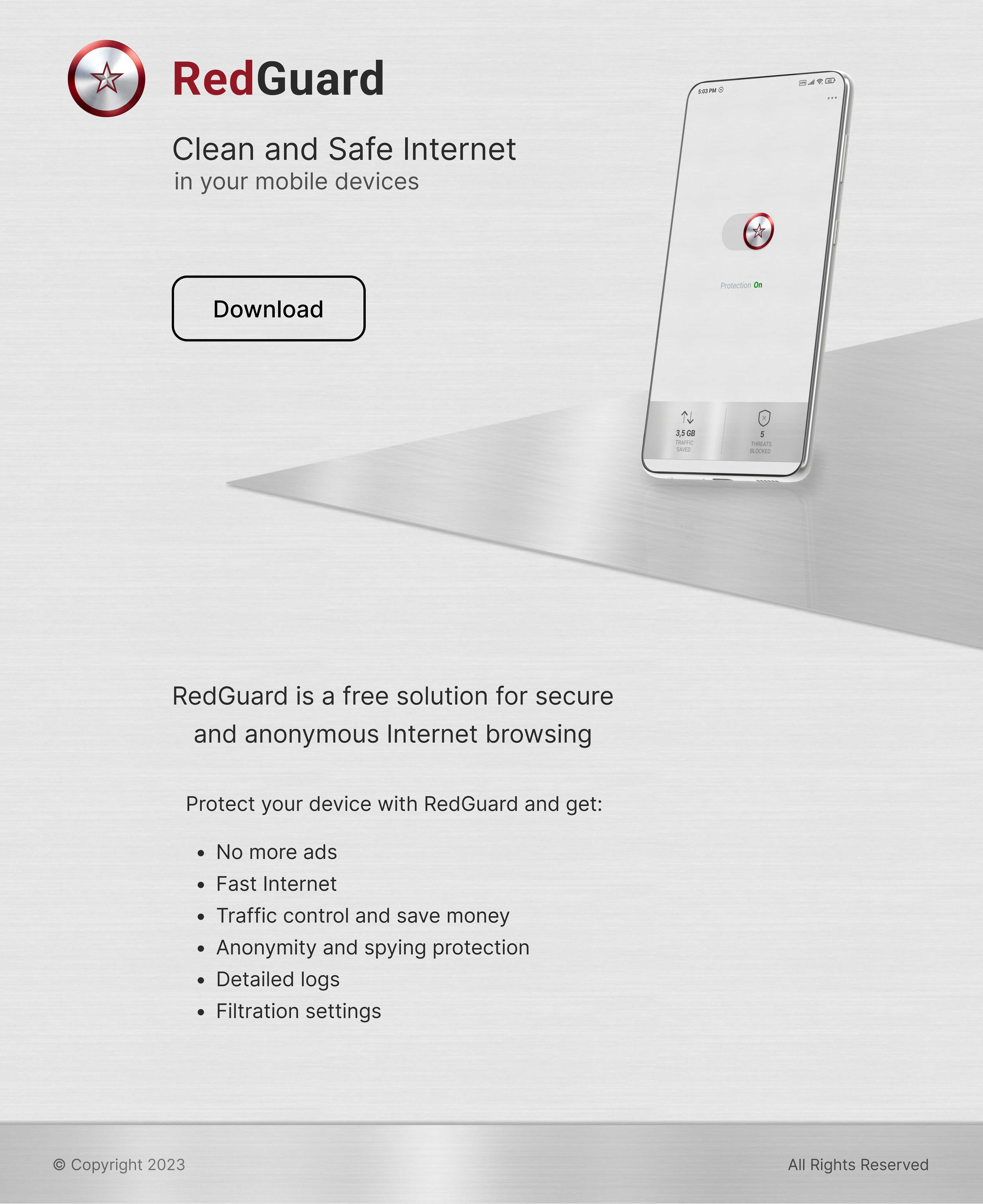 RedGuard is a free solution for secure and anonymous internet browsing. The built-in firewall allows you to securely restrict network access for specific applications and reduce mobile internet expenses by 50%. You have full control over which applications use mobile data and which use Wi-Fi. RedGuard enhances website loading speed and preserves battery life by blocking ads, online trackers, and analytical systems.